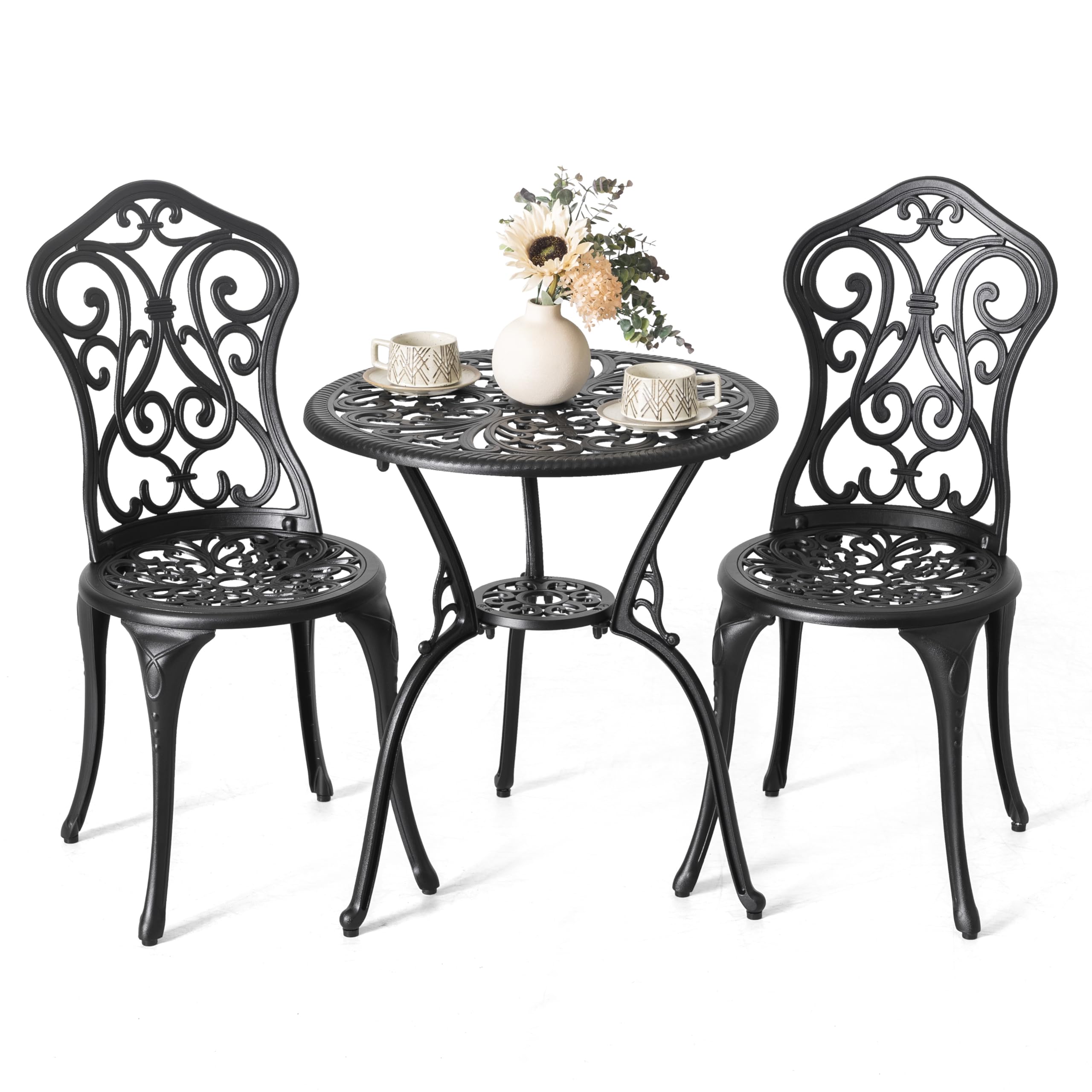 NUU GARDEN 3 Piece Outdoor Bistro Table Set, All Weather Cast Aluminum Patio Bistro Sets Patio Table and Chairs Set of 2 with 1.97" Umbrella Hole for Garden, Yard, Balcony, Black