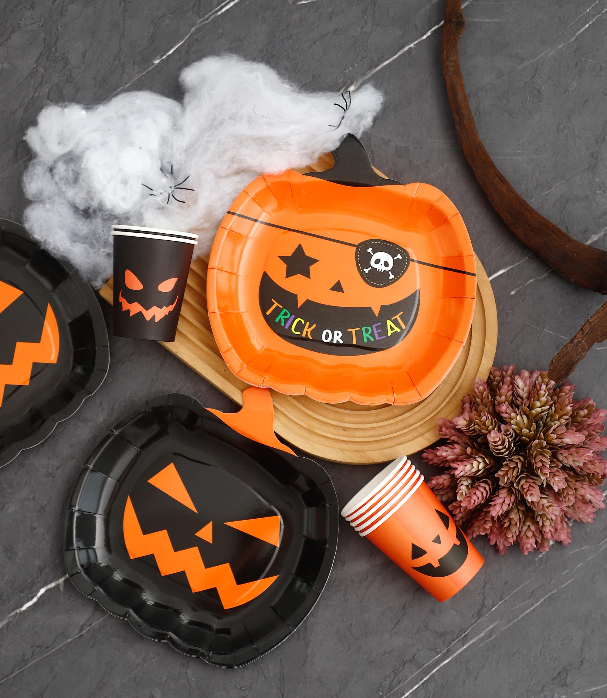 Halloween Plates and Napkins Party Supplies - Serves 24 - Pumpkin Plates and Cups Halloween Napkins for Halloween Birthday Decorations Kids Paper Plates Halloween dinnerware set