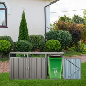 YOPTO Garbage Bin Storage Shed for 3 Trash Cans,Outdoor Trash Can Storage for Patio,Stainless Galvanized Steel Bin Shed,Rust-Proof & Scratch-Resistant Trash Can Hider,for Garden,Yard,Lawn,Grey