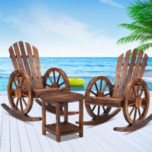 ahb outdoor wooden rocking chairs set, wagon wheel armrest yard glider patio chair with small table for coffee break, adirondack rocking chair for summer lawn garden balcony, brown (3 pcs)