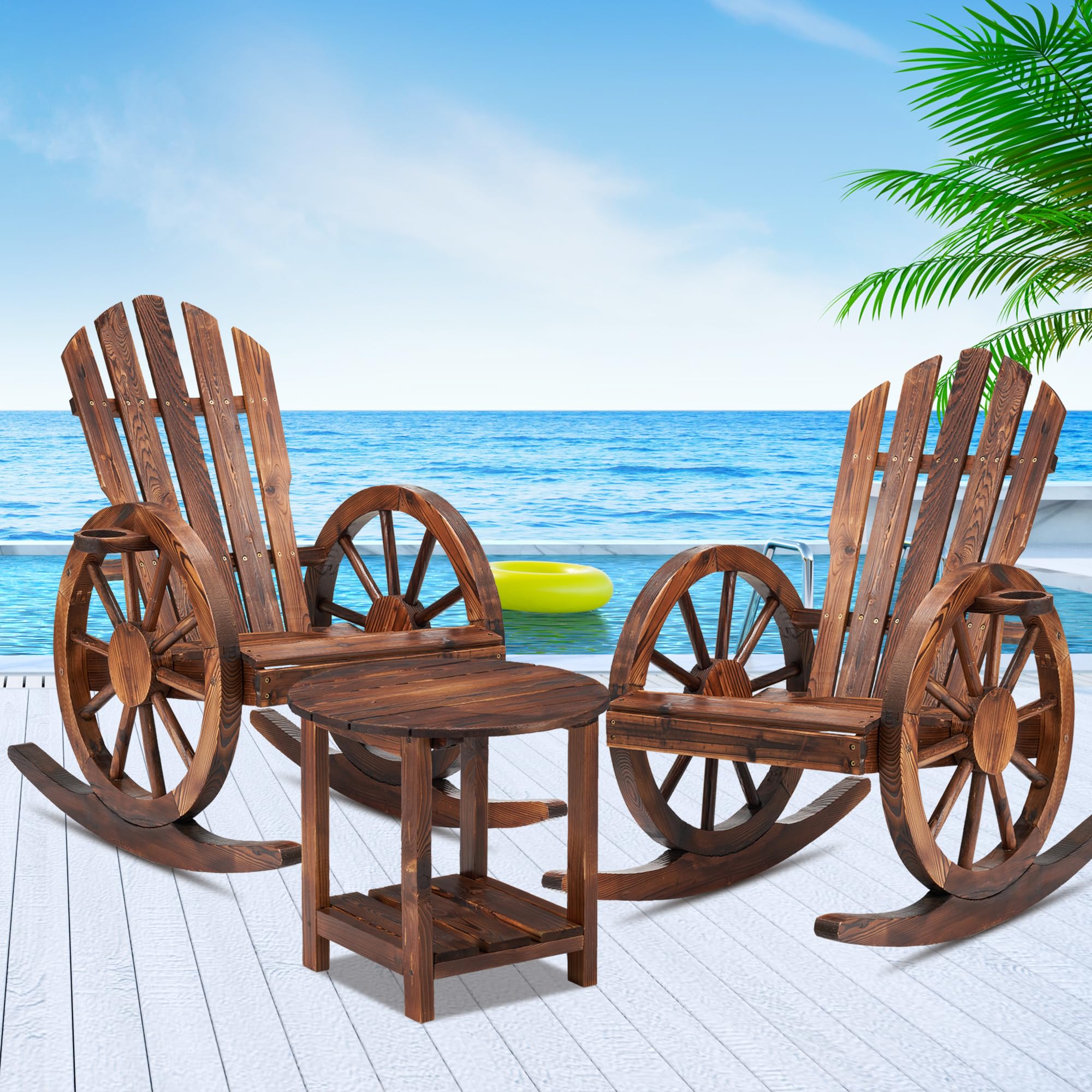 AHB Outdoor Wooden Rocking Chairs Set, Wagon Wheel Armrest Yard Glider Patio Chair with Small Table for Coffee Break, Adirondack Rocking Chair for Summer Lawn Garden Balcony, Brown (3 PCS)