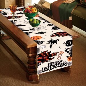 Netnology Black White Spooky Halloween Table Runner with Pumpkin Ghost Witch Black Cat Bat Spider Web, Fall Halloween Party Decoration Holiday Indoor Home Kitchen Table Decor 13 x 72 Inch