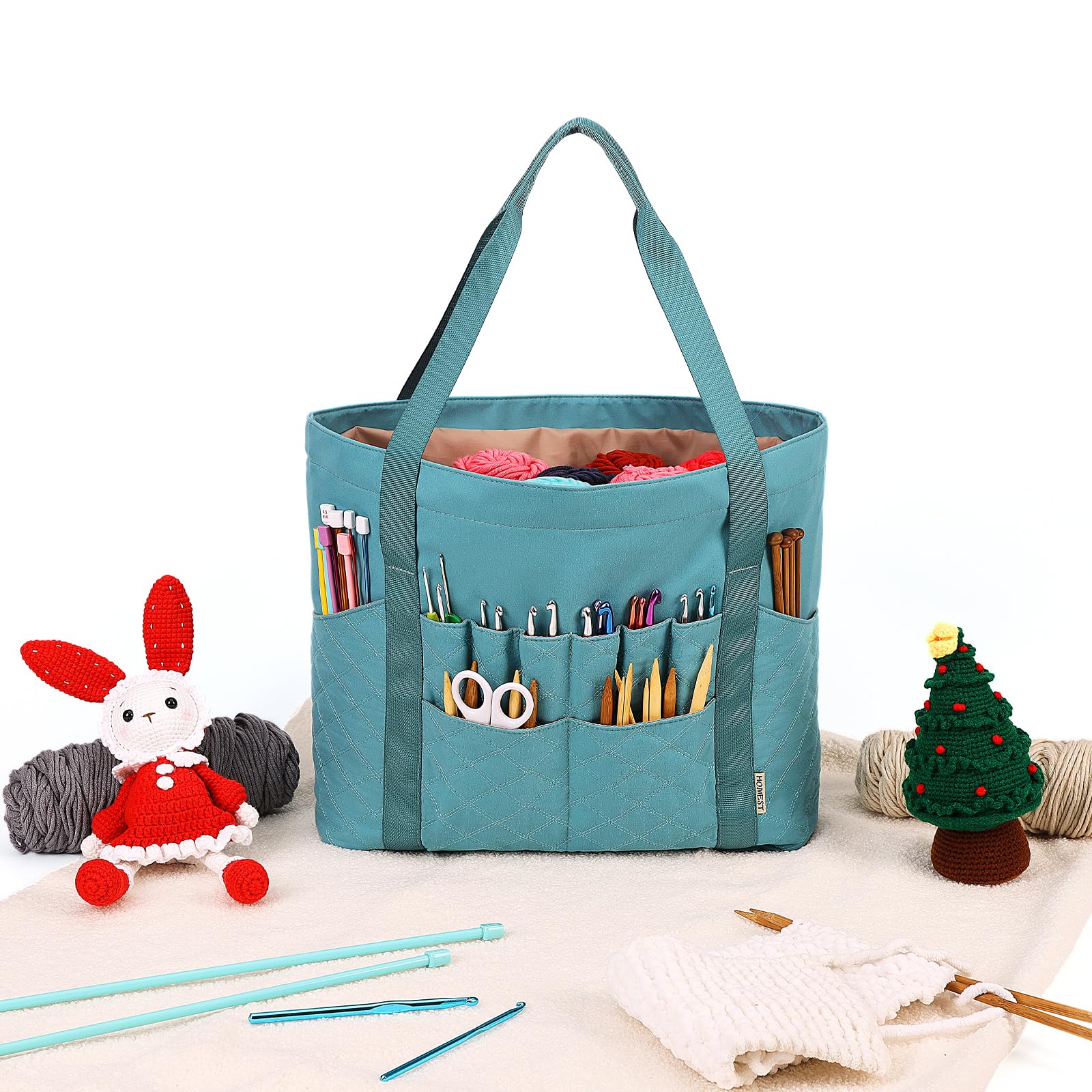 HOMEST Tote Crochet Bag, Yarn Storage Organizer, Knitting Bag with Custom Front Pockets for Crochet Hooks, Knitting Needles and Crochet Accessories, Turquoise