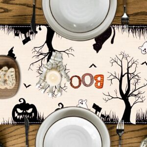 Netnology Black White Spooky Halloween Table Runner with Pumpkin Ghost Witch Black Cat Bat Spider Web, Fall Halloween Party Decoration Holiday Indoor Home Kitchen Table Decor 13 x 72 Inch