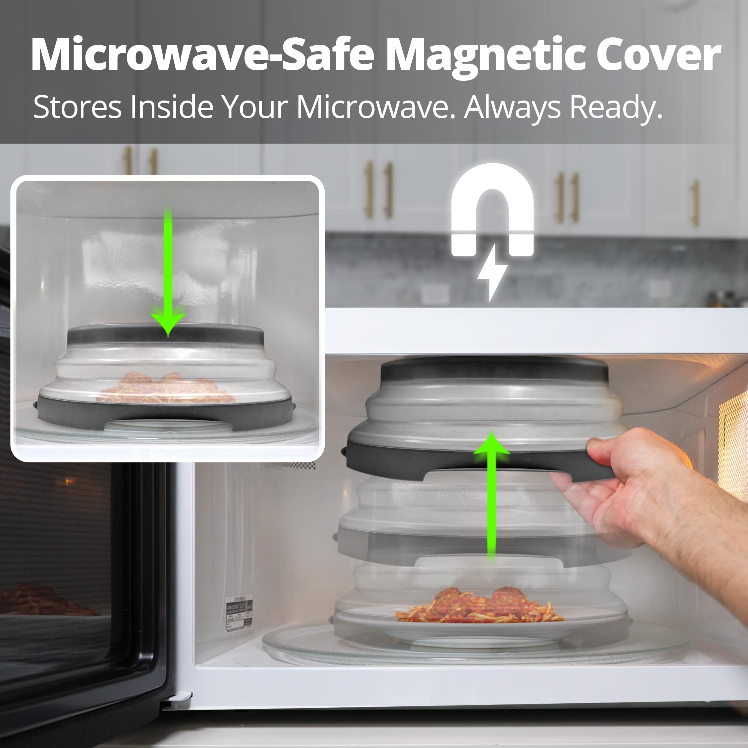 HOVER COVER Magnetic Microwave Splatter Cover 2.0 Design, Collapsible Microwave Cover for Food - Upgraded Magnets, Vented Microwave Food Cover, 12-inch, BPA-Free - Charcoal