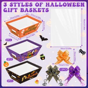 36 Pcs Halloween Baskets for Gift 9.8 x 6.5 Inch Halloween Basket to Fill Include 12 Cardboard Tray with Handles 12 Cellophane Bags 12 Bows Ribbons Gift Basket for Halloween Trick or Treat Party