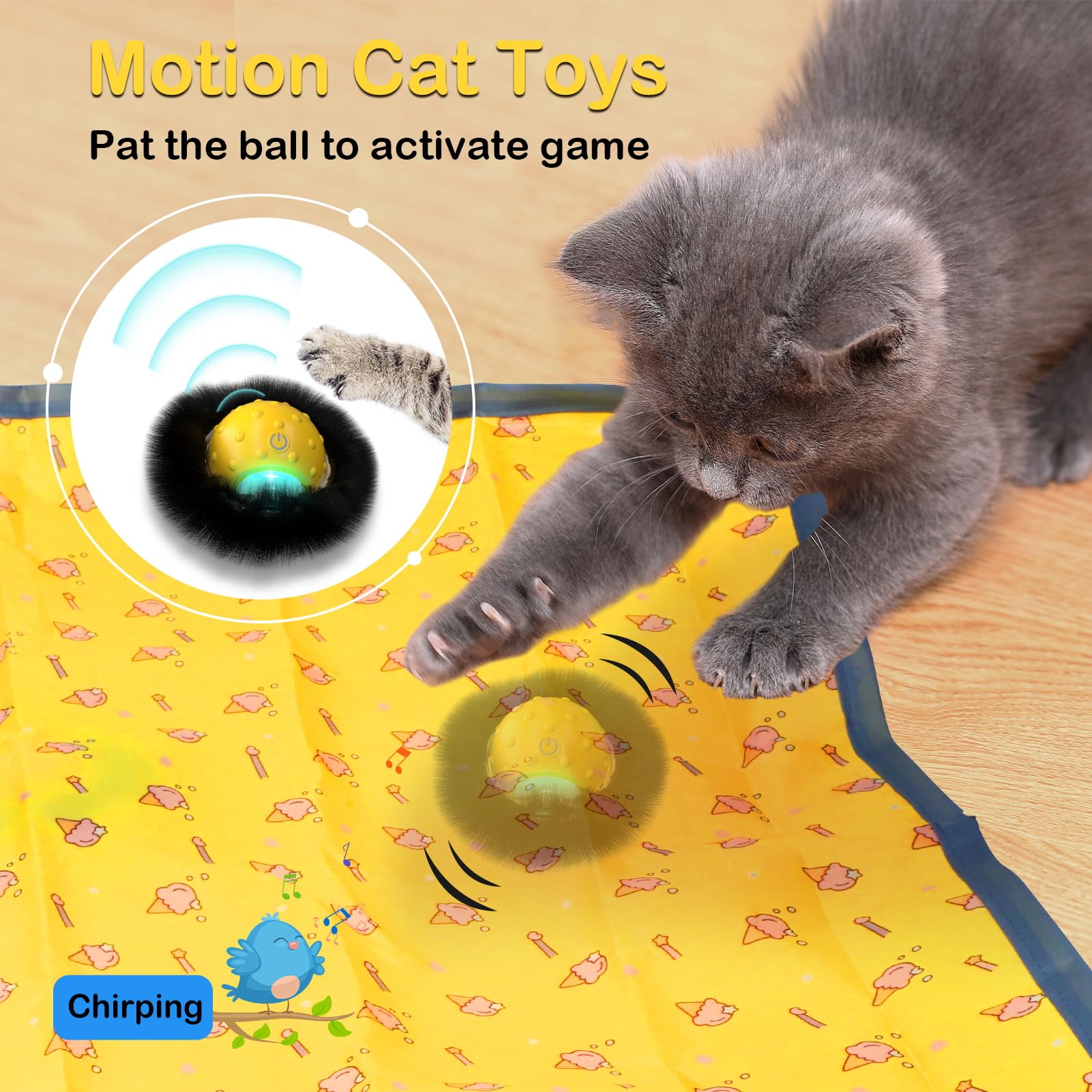 Muhhiba Interactive Cat Toys for Indoor Cats, Electric Cat Ball Fast Rolling in Pouch, Motion Activated Chirping Cat Toy, Hide and Seek Cat Toy with LED Light