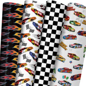 zintbial race car wrapping paper for kids birthday - flames, checkered flags, colorful racing cars and happy birthday words designs - 20 x 29 inches, 8 folded sheets, easy to store…