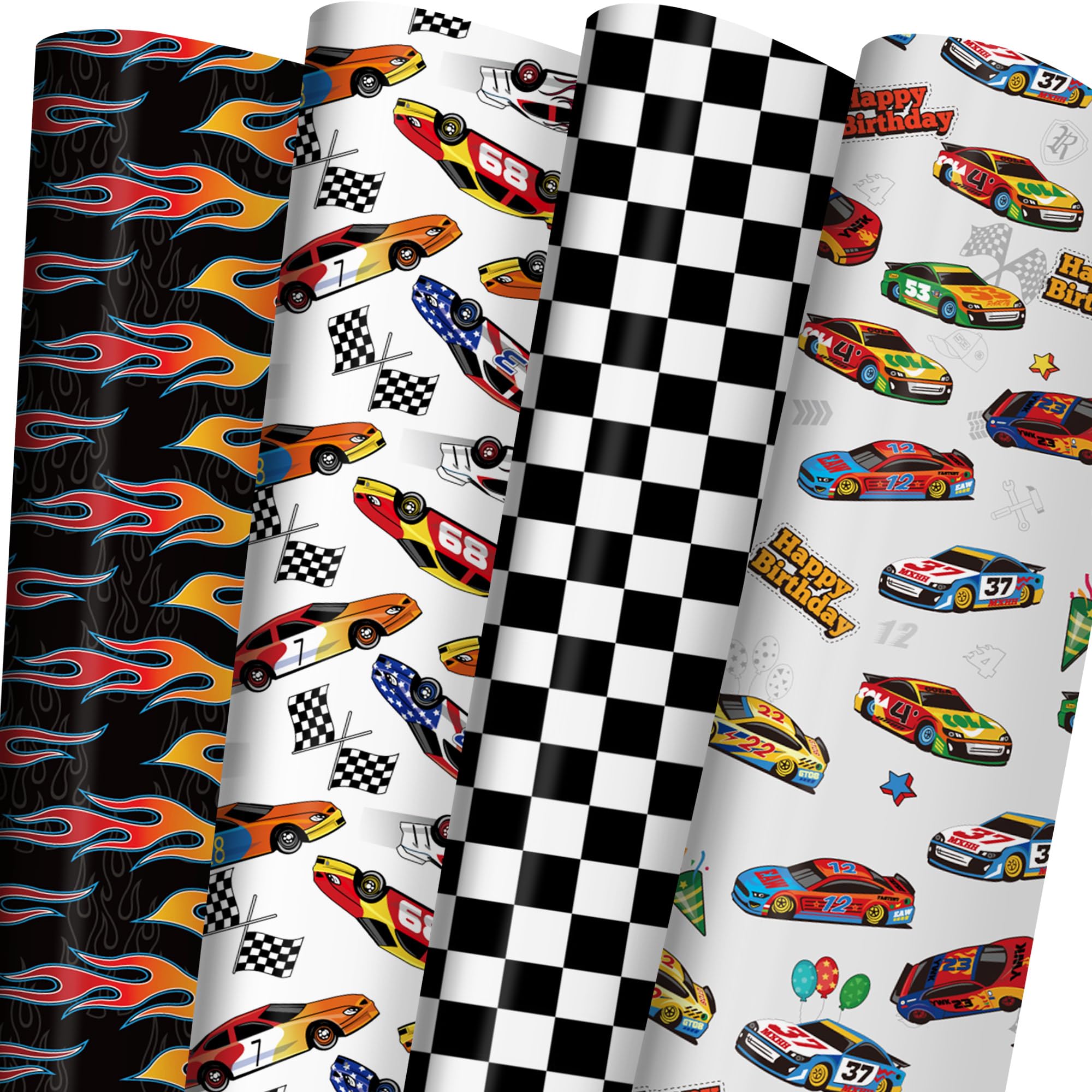 ZINTBIAL Race Car Wrapping Paper for Kids Birthday - Flames, Checkered Flags, Colorful Racing Cars and Happy Birthday Words Designs - 20 x 29 Inches, 8 Folded Sheets, Easy to Store…