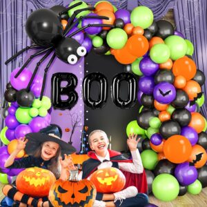 149Pcs Halloween Balloons Garland Kit, Party Decorations Orange Black Purple Green Arch Set with Foil Pumpkin, BOO, Bonus Ghost and Spider Balloon Brithday Halloween Theme Decorations Supplies