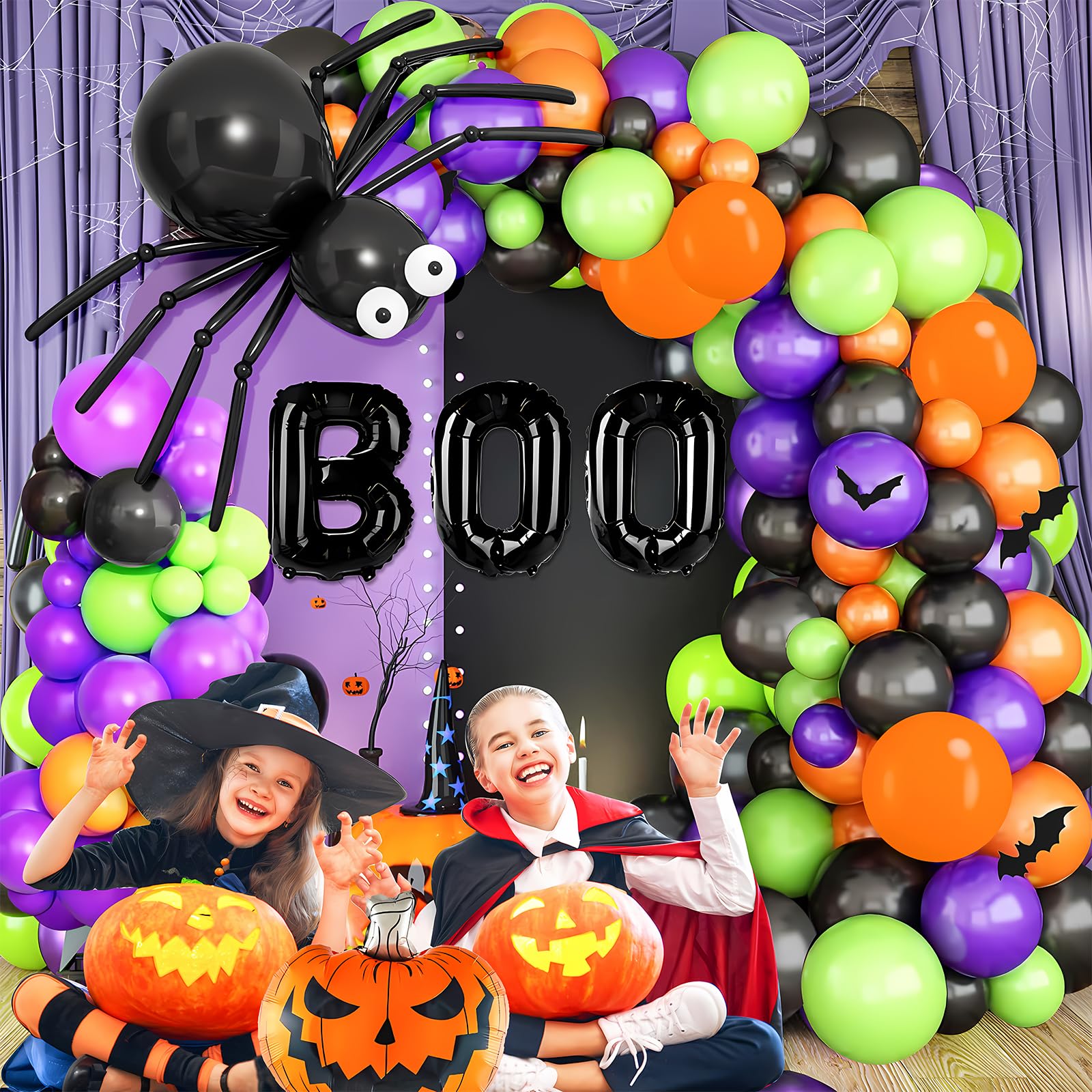 149Pcs Halloween Balloons Garland Kit, Party Decorations Orange Black Purple Green Arch Set with Foil Pumpkin, BOO, Bonus Ghost and Spider Balloon Brithday Halloween Theme Decorations Supplies