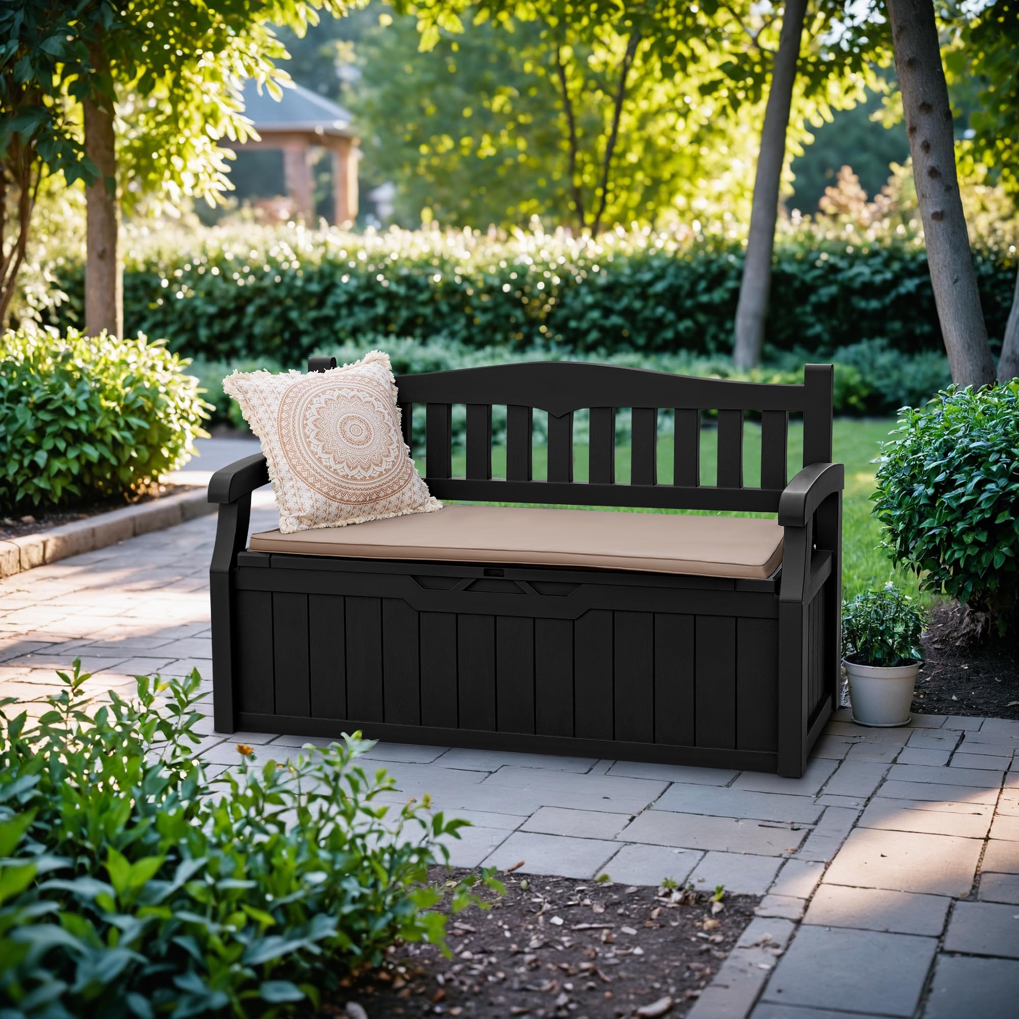 Devoko 80 Gallon Storage Bench Deck Box Lockable for Patio Furniture, Garden Decor and Outdoor Seating for Cushions, Garden Tools and Pool Supplies. (Black)