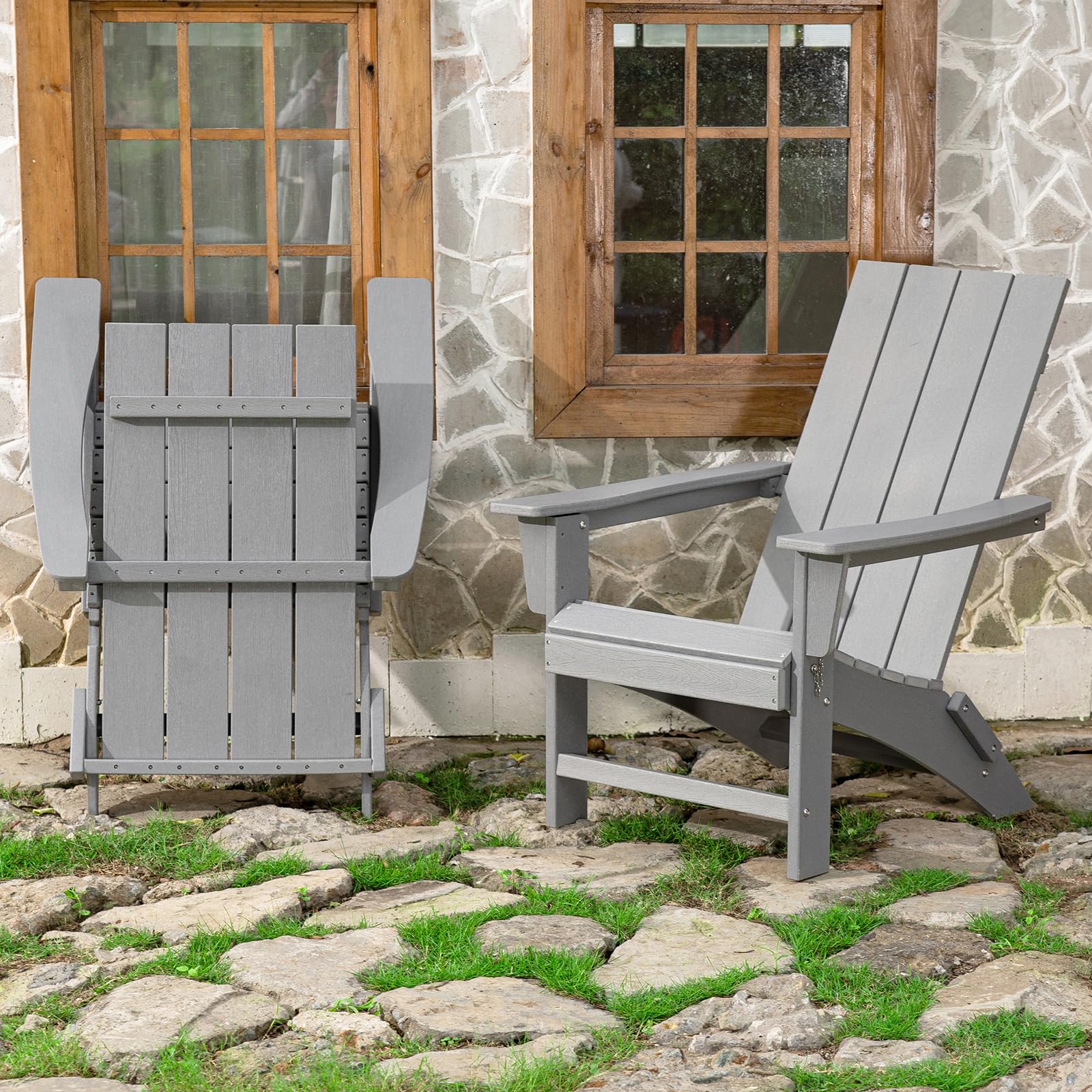 Folding Adirondack Chair Weather Resistant Foldable Fire Pit Chairs HDPE Outdoor Adirondack Chair for Patio Front Porch Pool Garden Deck Fire Pit Outside, Light Grey