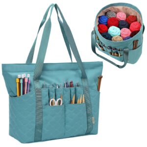 homest tote crochet bag, yarn storage organizer, knitting bag with custom front pockets for crochet hooks, knitting needles and crochet accessories, turquoise