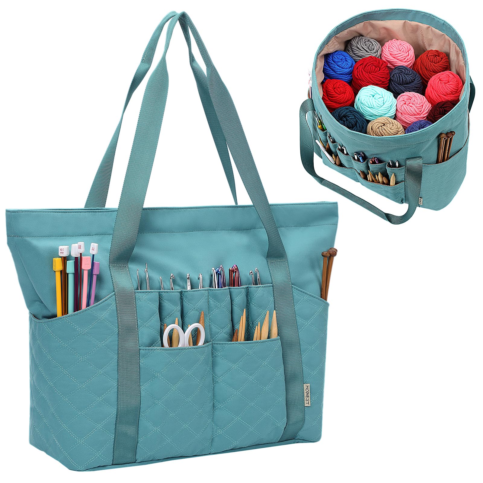 HOMEST Tote Crochet Bag, Yarn Storage Organizer, Knitting Bag with Custom Front Pockets for Crochet Hooks, Knitting Needles and Crochet Accessories, Turquoise