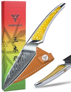 sanmuzuo 3.5 inch paring knife, japanese vg-10 damascus steel kitchen knife, ultra sharp fruit knife with full-tang handle in yellow resin, la-s9 series