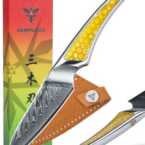 SANMUZUO 3.5 inch Paring Knife, Japanese VG-10 Damascus Steel Kitchen Knife, Ultra Sharp Fruit Knife with Full-tang Handle in Yellow Resin, LA-S9 Series