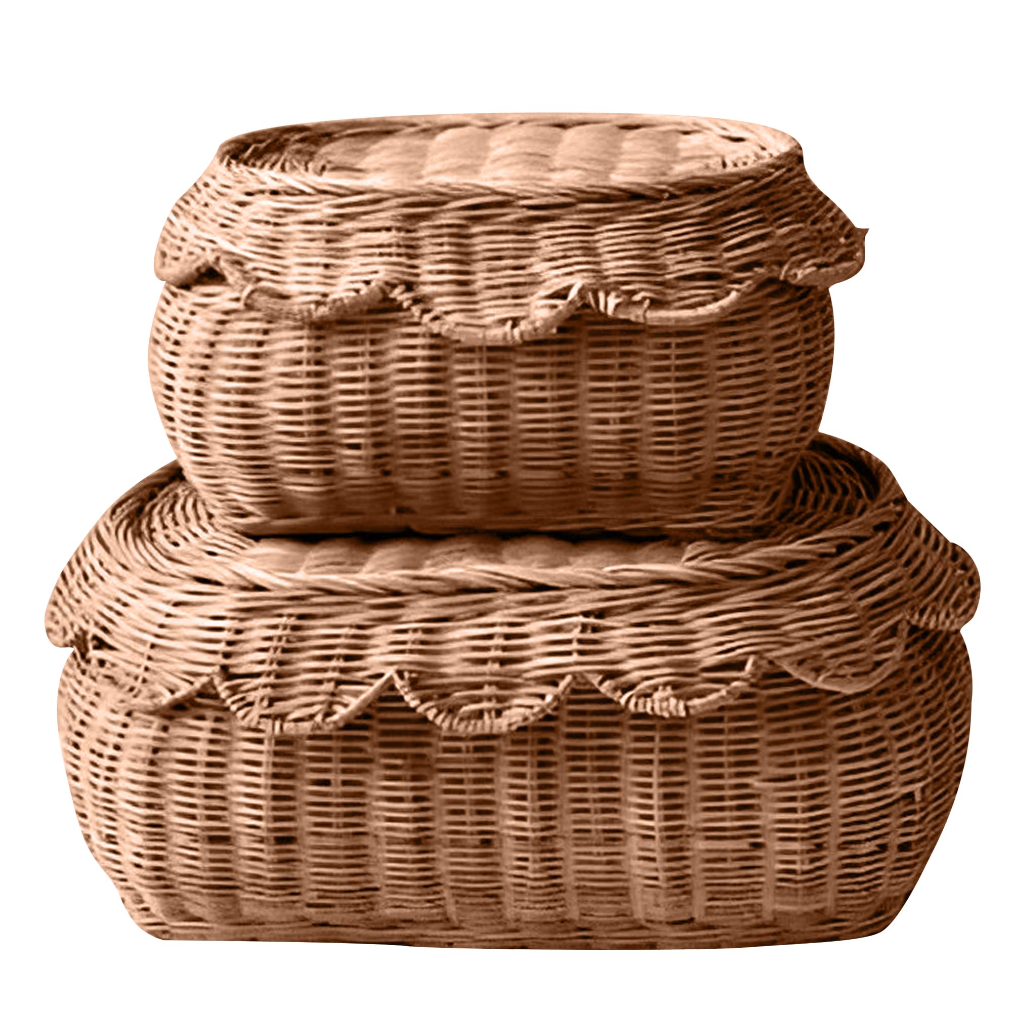 Small Basket Set of 2, Hand Woven Scallop Rattan Baskets - Storage Basket with Lid, Nursery Storage, Scalloped Edge Basket, Scalloped Wicker Basket, Home Decor for any room 15 x 10 x 6