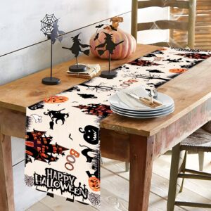 Netnology Black White Spooky Halloween Table Runner with Pumpkin Ghost Witch Black Cat Bat Spider Web, Fall Halloween Party Decoration Holiday Indoor Home Kitchen Table Decor 13 x 72 Inch