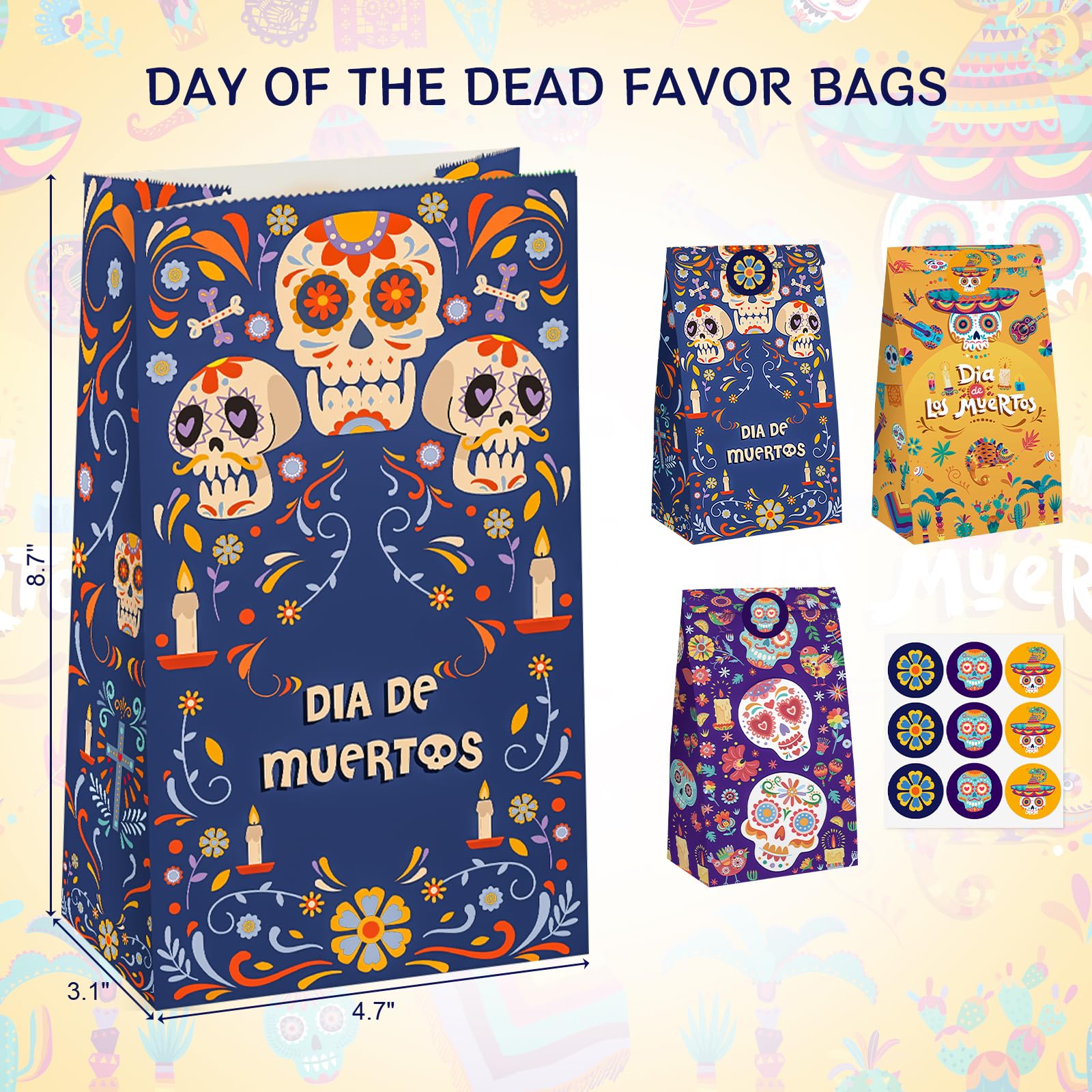 VGOODALL 54PCS Halloween Party Favor Bags, Day of the Dead Treat Bags Paper Candy Bags Goodie Bags with Stickers for Party Favor Supplies 3 Designs