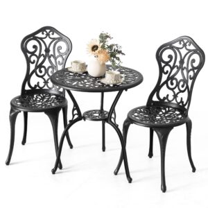 NUU GARDEN 3 Piece Outdoor Bistro Table Set, All Weather Cast Aluminum Patio Bistro Sets Patio Table and Chairs Set of 2 with 1.97" Umbrella Hole for Garden, Yard, Balcony, Black