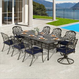 VIVIJASON 9-Piece Outdoor Dining Set, Cast Aluminum Patio Furniture Table & Chairs Set, Include 94.5" Rectangular Table, 2 Swivel Rocker Chairs, 6 Stationary Chairs, Umbrella Hole, Navy Blue Cushion