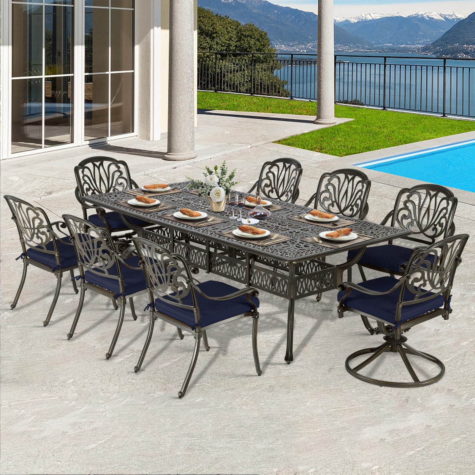 VIVIJASON 9-Piece Outdoor Dining Set, Cast Aluminum Patio Furniture Table & Chairs Set, Include 94.5" Rectangular Table, 2 Swivel Rocker Chairs, 6 Stationary Chairs, Umbrella Hole, Navy Blue Cushion