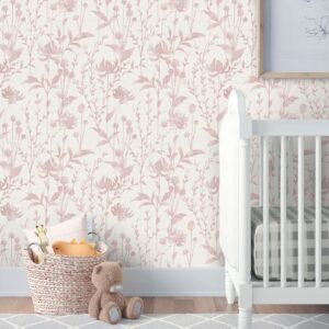 HeloHo Peel and Stick Wallpaper Pink Floral Leaf Wallpaper Self Adhesive Removable Wallpaper Waterproof Contact Paper 16.1" X 118" for Living Room Bedroom Decor