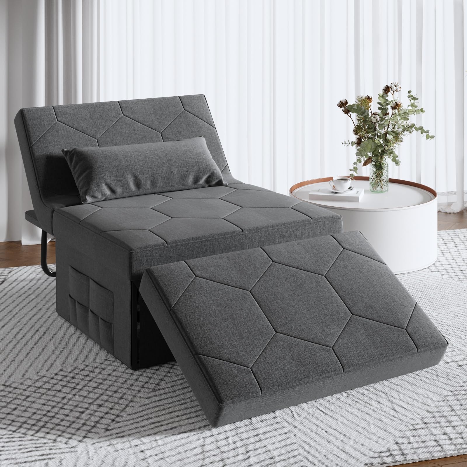 4 in 1 Sleeper Chair, Convertible Sleeper Sofa with Hide a Bed Chair, Sleeper Chairs for Adults, Ottoman Bed Sleeper with Adjustable Backrest for Living Room Apartment Office, Dark Grey