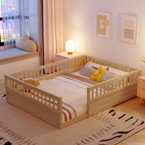 floor bed for kids, full size montessori bed with high fence railings, wood playhouse bed with rails for baby boys girls teens, no slats included, natural