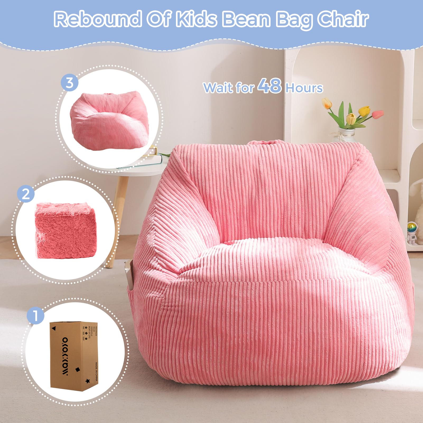 MAXYOYO Kids Bean Bag Chair, Bean Bag Couch with Handle, Comfy Toddler Chair for Boys and Girls, Accent Sofa Chair with Pocket for Gaming Reading Relaxing, Pink