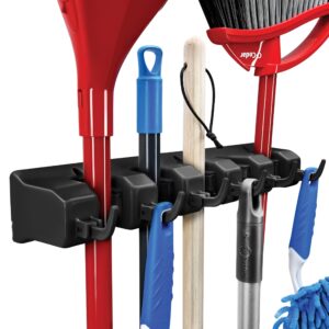 mop and broom holder wall mount - garage storage organizer with 5 slots, 6 hooks, 7.5lbs capacity per slot - home, kitchen, closet, garden tools, laundry room organization – black broom hanger