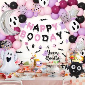 Amandir 120Pcs Pink Purple Halloween Birthday Party Decorations, Happy Boo Day Glitter Banner Ghost Bat Foil Balloons Garland Arch kit Cake Topper for Girl Kids Halloween Baby Shower Supplies