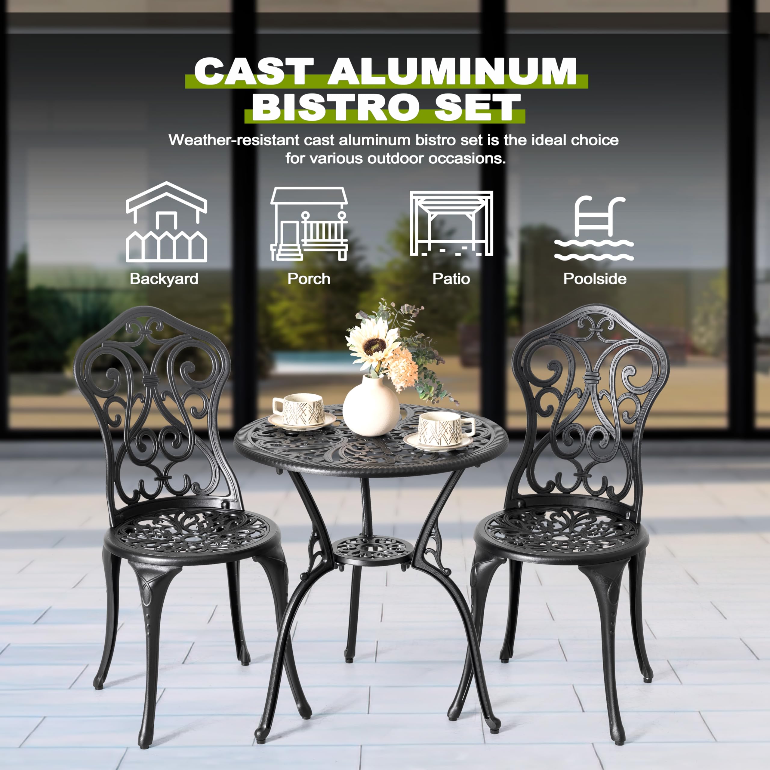 NUU GARDEN 3 Piece Outdoor Bistro Table Set, All Weather Cast Aluminum Patio Bistro Sets Patio Table and Chairs Set of 2 with 1.97" Umbrella Hole for Garden, Yard, Balcony, Black