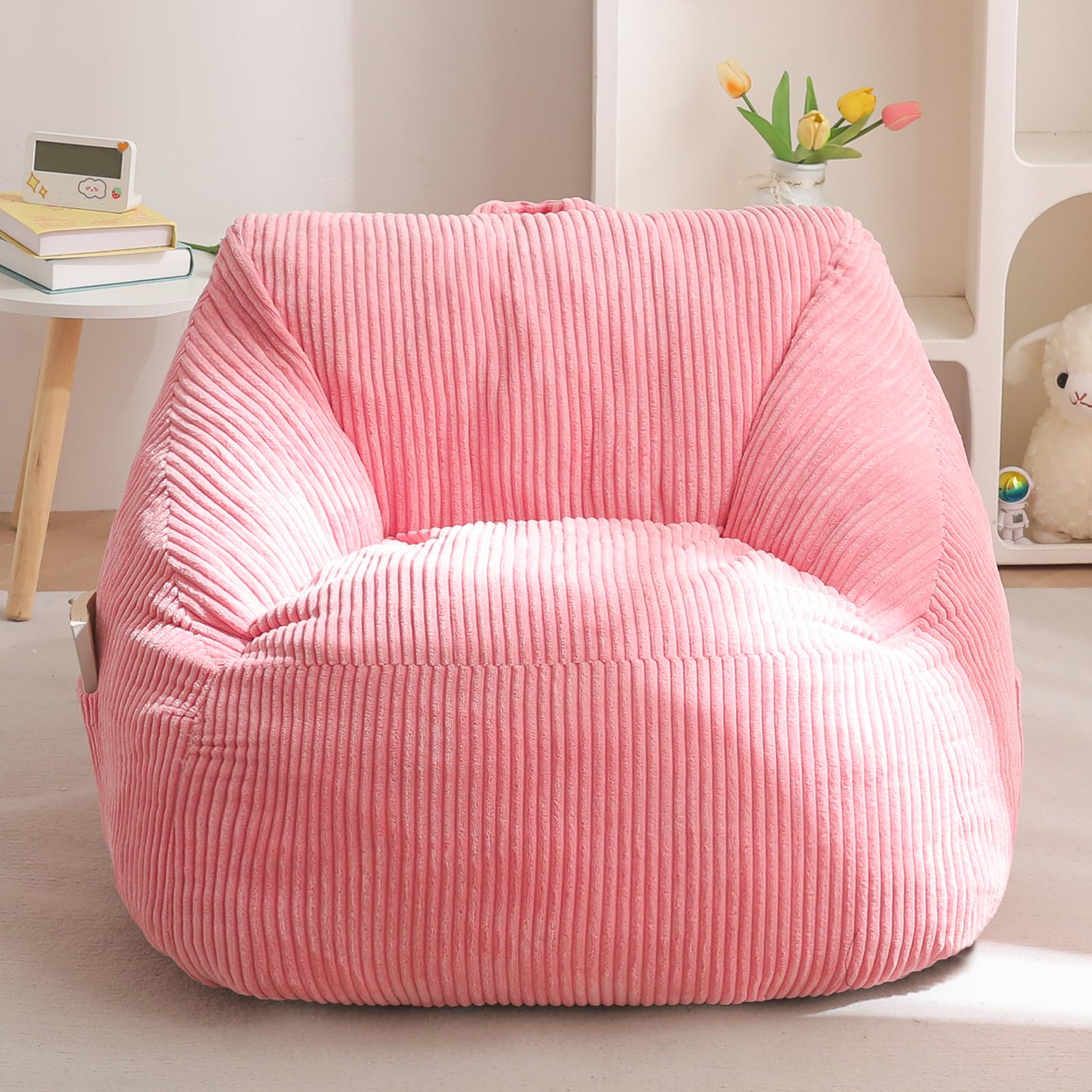 MAXYOYO Kids Bean Bag Chair, Bean Bag Couch with Handle, Comfy Toddler Chair for Boys and Girls, Accent Sofa Chair with Pocket for Gaming Reading Relaxing, Pink