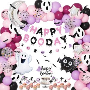 amandir 120pcs pink purple halloween birthday party decorations, happy boo day glitter banner ghost bat foil balloons garland arch kit cake topper for girl kids halloween baby shower supplies