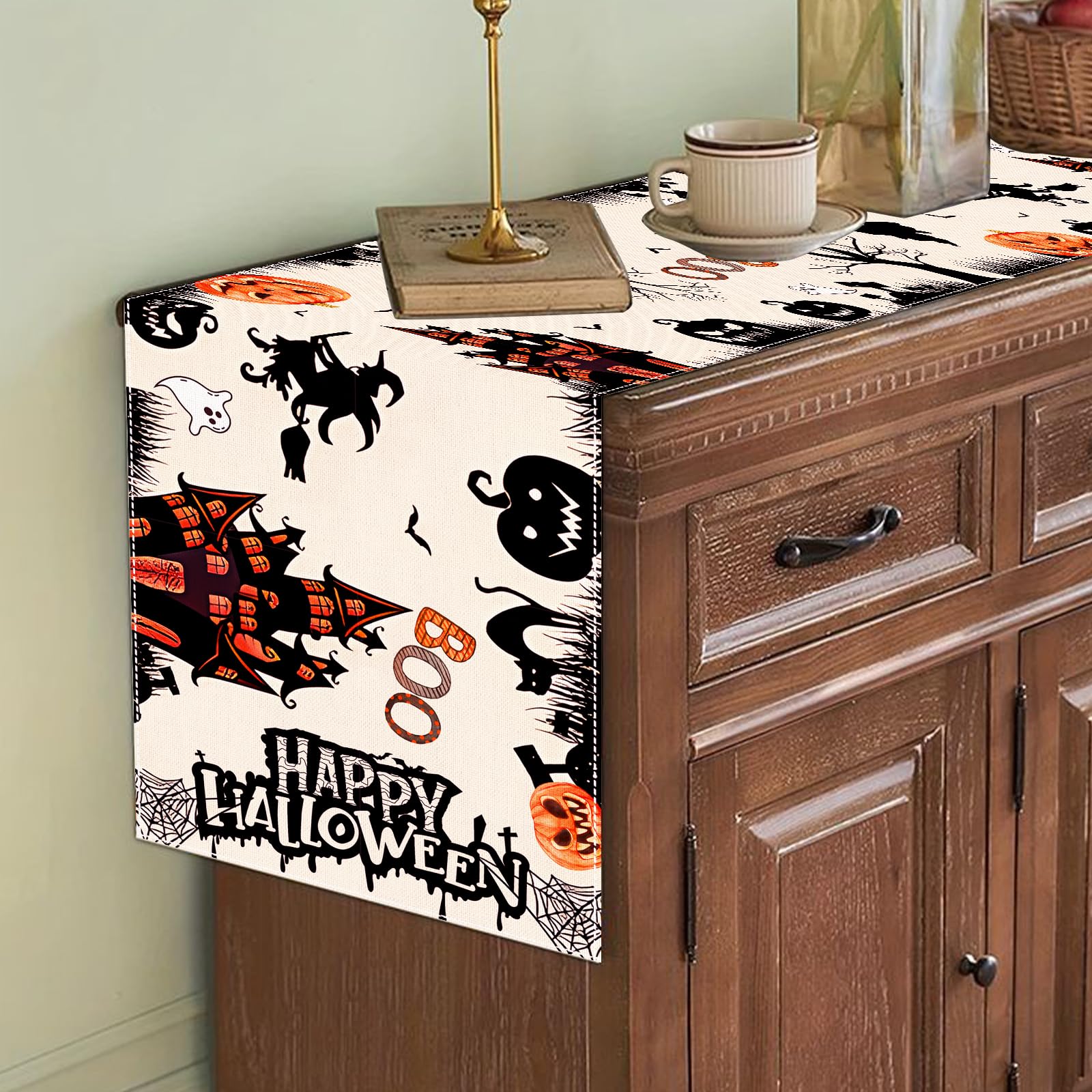 Netnology Black White Spooky Halloween Table Runner with Pumpkin Ghost Witch Black Cat Bat Spider Web, Fall Halloween Party Decoration Holiday Indoor Home Kitchen Table Decor 13 x 72 Inch