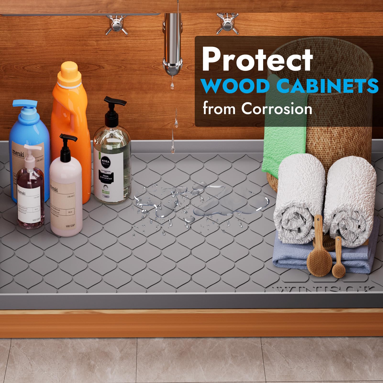 Under Sink Mat - 31" x 22" Waterproof Liner for Kitchen & Bathroom Cabinet, Shelf Protector, Multi-Purpose, Organizers and Storage, Flexible Silicone Sink Drip Tray