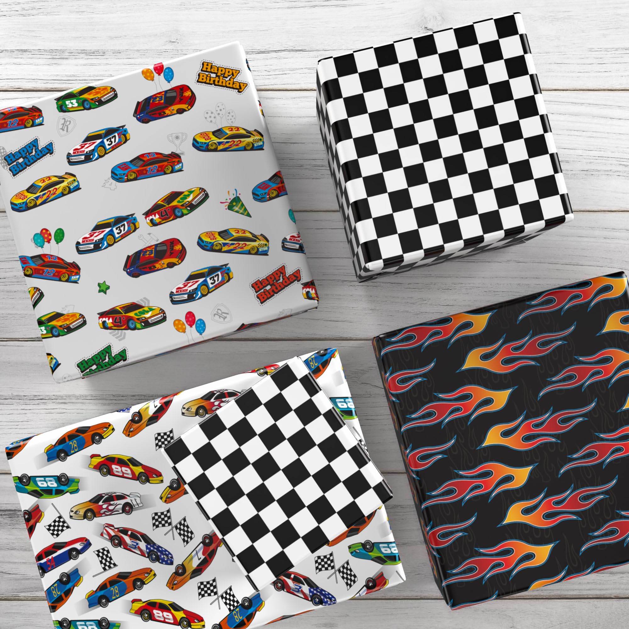 ZINTBIAL Race Car Wrapping Paper for Kids Birthday - Flames, Checkered Flags, Colorful Racing Cars and Happy Birthday Words Designs - 20 x 29 Inches, 8 Folded Sheets, Easy to Store…