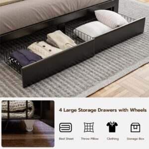 IKIFLY King Size Bed Frame with 4 Storage Drawers & Charging Station, Upholstered Platform Bed with Hidden Storage Headboard and LED Lights, Solid Wood Slats, No Box Spring Needed, Noise Free, Black