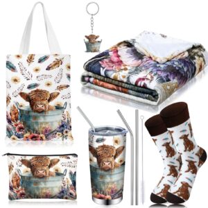 tiangrid 6 pcs western highland cow gifts for women include 20 oz highland cow stainless steel tumbler with lid straw cosmetic bag throw blanket keychain socks handbag for highland cow lover