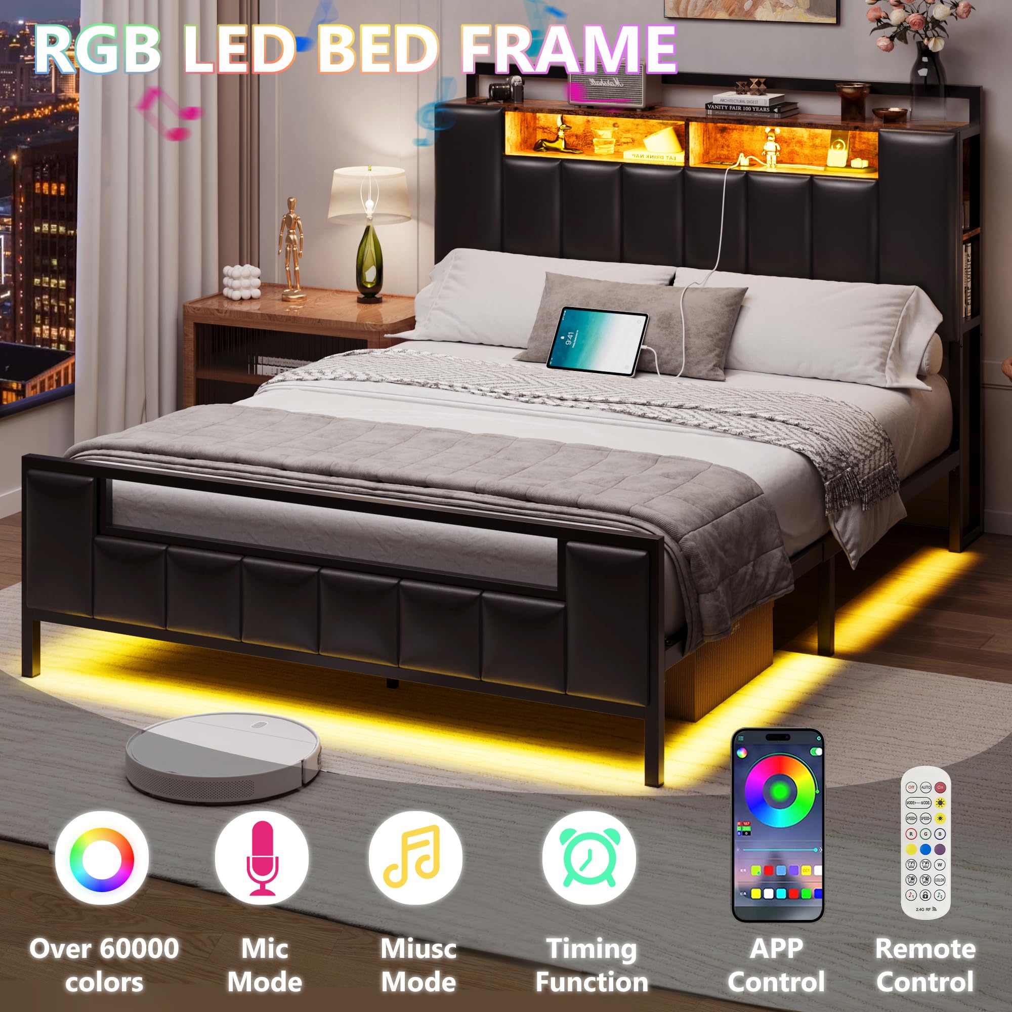 Alohappy Queen Bed Frame with Storage Headboard & Charging Station, PU Leather Platform Bed Frame Queen Size with LED Lights and Hidden Storage, Heavy Duty Metal Slats, No Box Spring Needed, Black