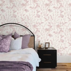 HeloHo Peel and Stick Wallpaper Pink Floral Leaf Wallpaper Self Adhesive Removable Wallpaper Waterproof Contact Paper 16.1" X 118" for Living Room Bedroom Decor