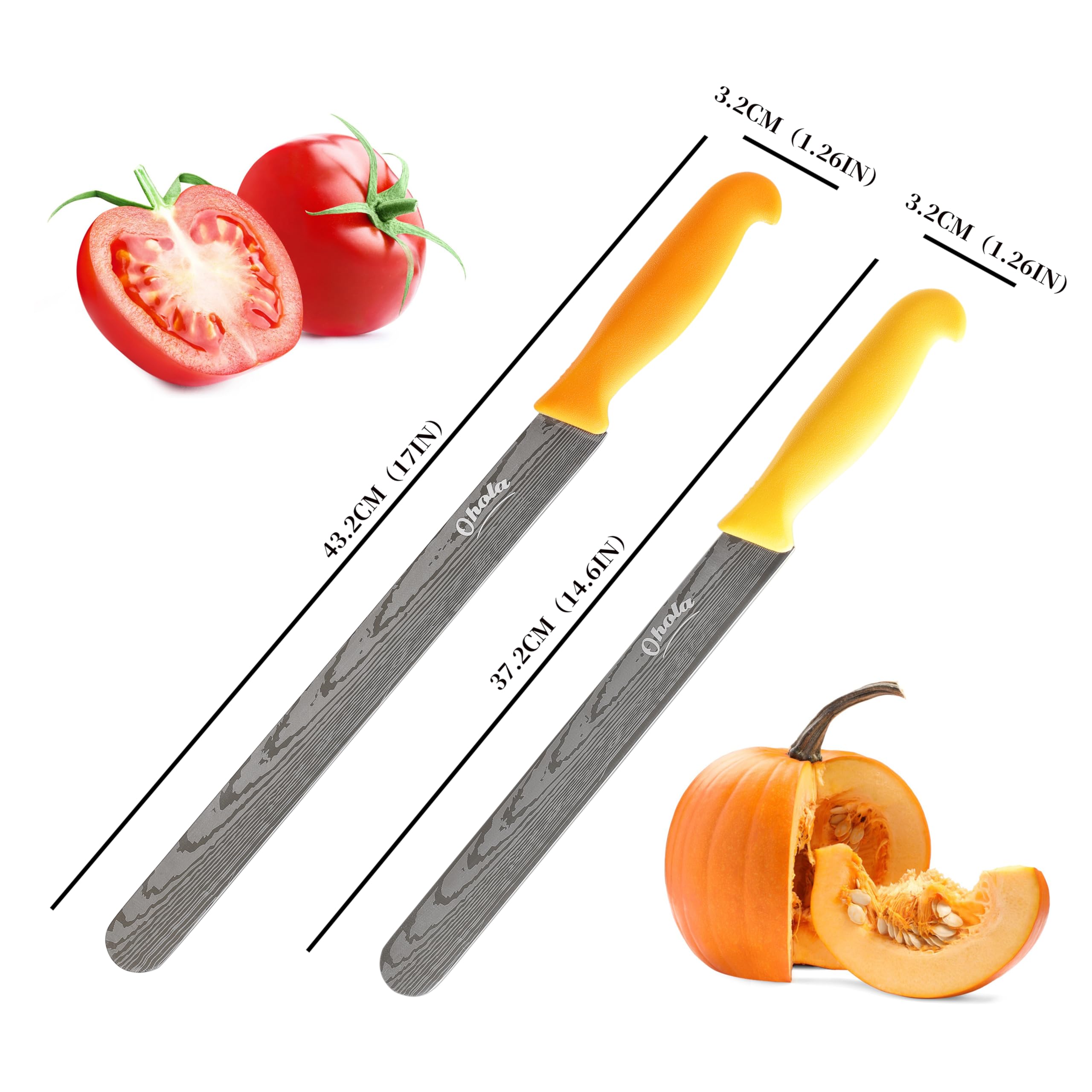 2PCS Brisket Knife, OHOLA 12 inch & 10 inch Carving Meat knife, Premium Stainless Steel Slicing Knife with Plastic Handle, Great for Smoked Brisket, BBQ Meat, Turkey (Orange+Yellow)