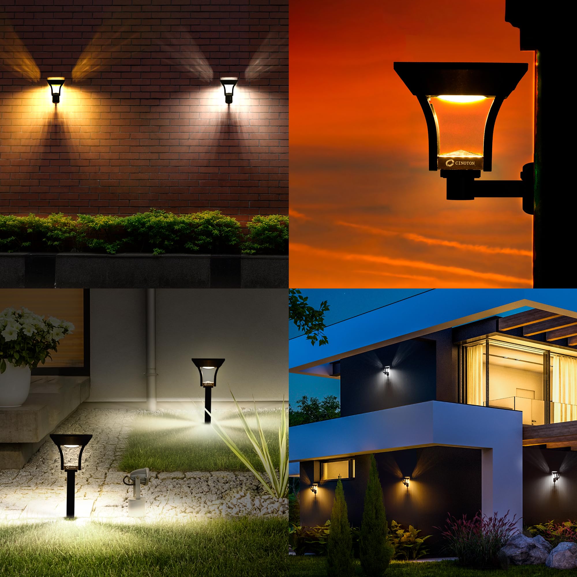 CINOTON 42W LED Barn Light Dusk to Dawn Outdoor Lighting, Black 2 Pack & Outdoor Solar Landscape Pathway Lights 4 Pack