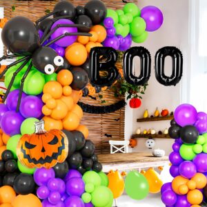 149Pcs Halloween Balloons Garland Kit, Party Decorations Orange Black Purple Green Arch Set with Foil Pumpkin, BOO, Bonus Ghost and Spider Balloon Brithday Halloween Theme Decorations Supplies