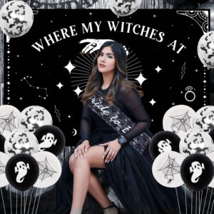 Halloween Where My Witches at Bachelorette Party Decorations Black White Witche Backdrop Banner Garland Bride to Be Sash for Halloween Bachelorette Party Decor Supplies