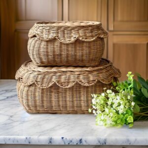 Small Basket Set of 2, Hand Woven Scallop Rattan Baskets - Storage Basket with Lid, Nursery Storage, Scalloped Edge Basket, Scalloped Wicker Basket, Home Decor for any room 15 x 10 x 6