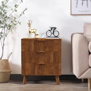 Mid-Century 3 Drawers Bedside Table Cabinet, Modern Nightstand with 3 Drawer and Solid Wood Legs, Contemporary 3-Drawer Nightstand, Mid Century Nightstand with 3 Storage Drawer for Bedroom (Walnut)