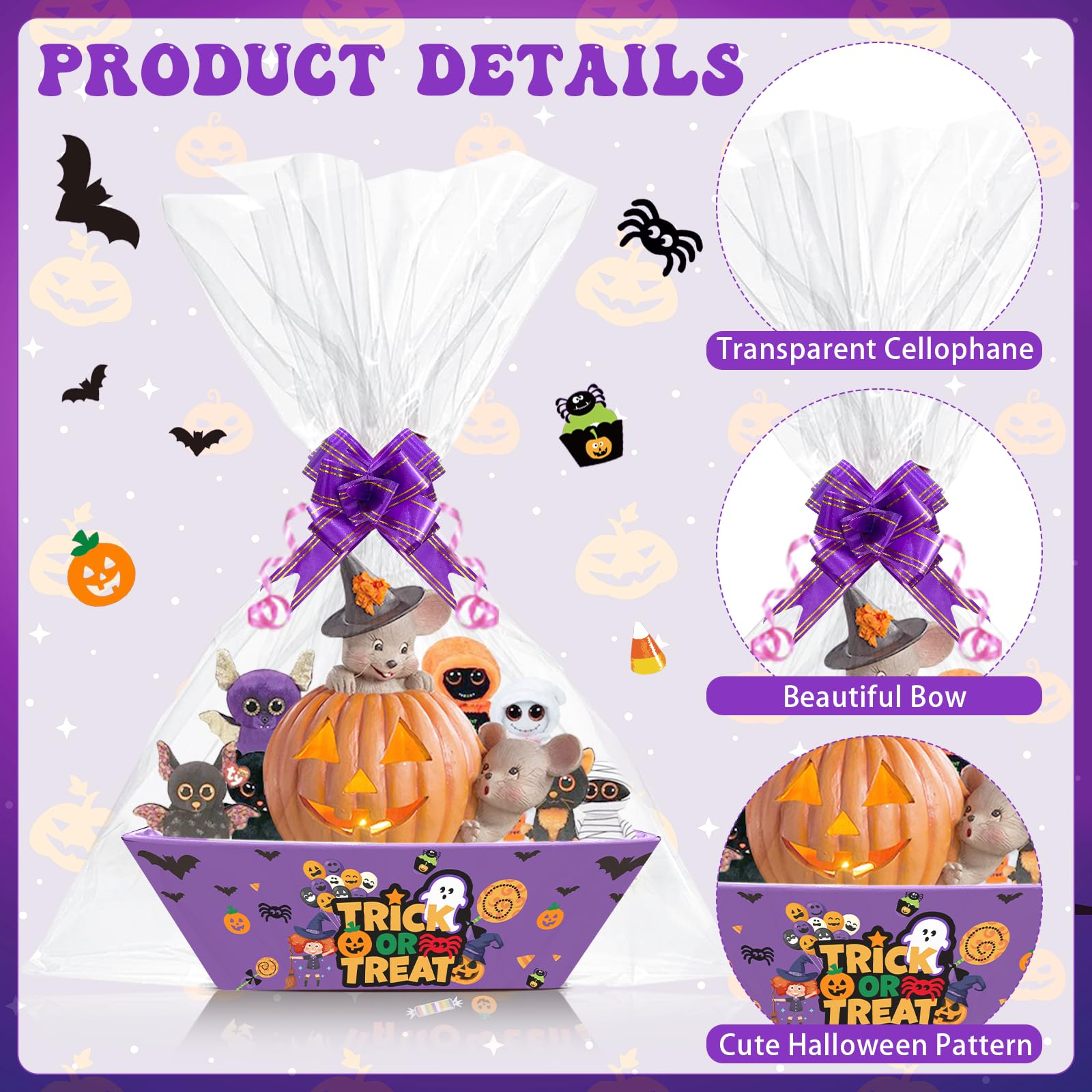 36 Pcs Halloween Baskets for Gift 9.8 x 6.5 Inch Halloween Basket to Fill Include 12 Cardboard Tray with Handles 12 Cellophane Bags 12 Bows Ribbons Gift Basket for Halloween Trick or Treat Party